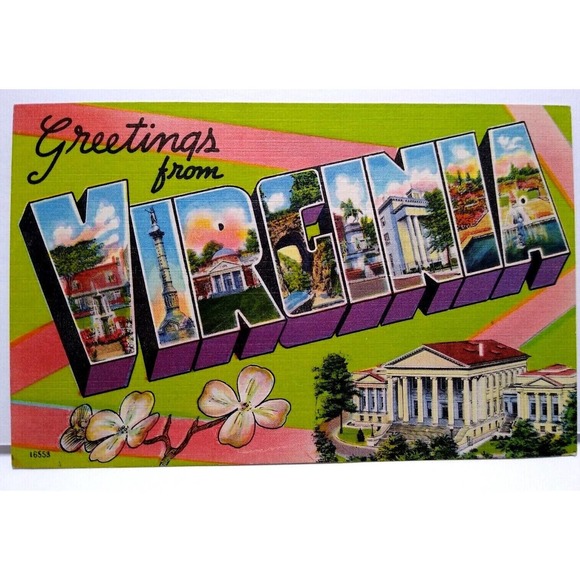 Greetings From Virginia Large Big Letter Linen Postcard Buildings Flowers Unused - Picture 1 of 2